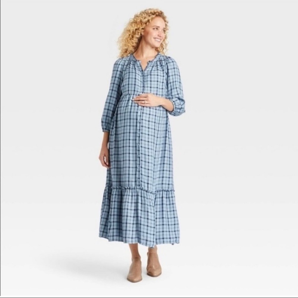 Isabel Maternity Sonnet Blue Plaid Dress NWT L